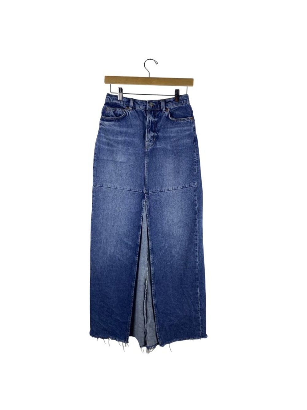 Reformation Tazz High-Waisted Denim Maxi Skirt Raw Hem Front Slit Womens 24